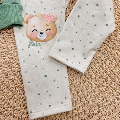 Conj. Casaco de Moletom Explorar a Natureza e Calça Legging Ursinha - Verde e Areia